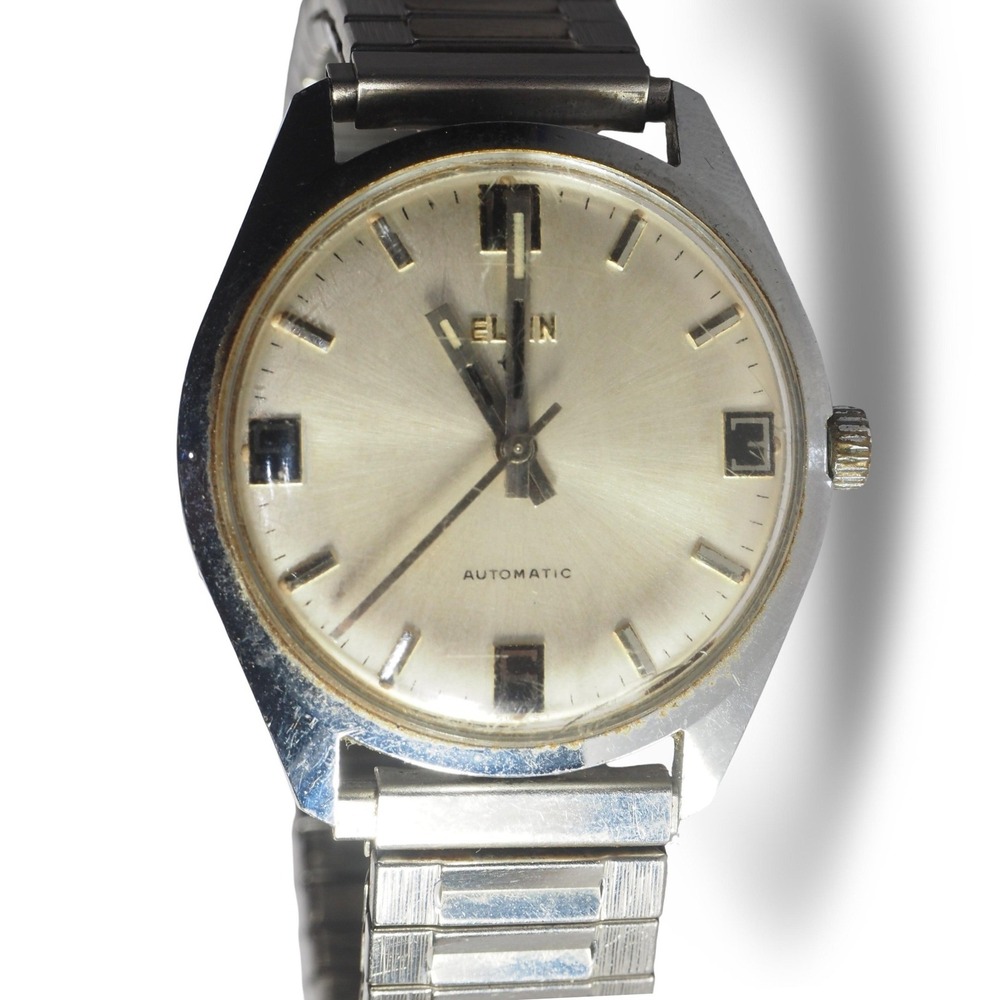 Elgin‎ Eltra Automatic Watch Mens  Silver Vintage 1960s Date Expansion Band